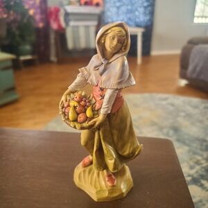 Vintage Italian Polymer  7.5" Shepherdess with Fruit Basket Fontanini Figurine